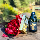PACK 18 ROSAS ROJAS CON CHOCOLATE Y ESPUMANTE