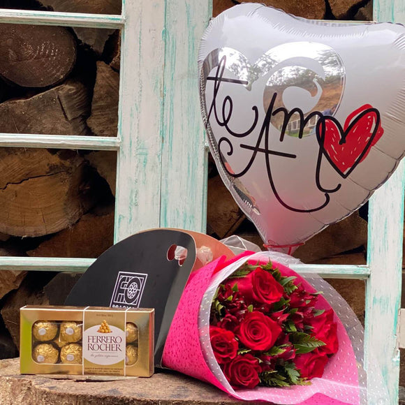 PACK 6 ROSAS ROJAS ESPECIALES + CHOCOLATE FERRERO ROCHER + GLOBO de