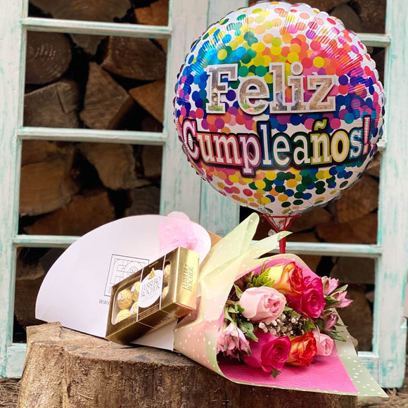 PACK 6 ROSAS DE COLORES + CHOCOLATE FERRERO ROCHER + GLOBO
