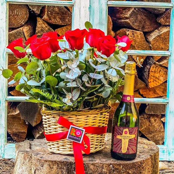 PACK CANASTO 12 ROSAS ROJAS + BOTELLA DE ESPUMANTE