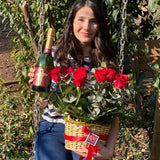 PACK CANASTO 12 ROSAS ROJAS + BOTELLA DE ESPUMANTE
