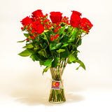 FLORERO DE 12 ROSAS ROJAS E HYPERICUM